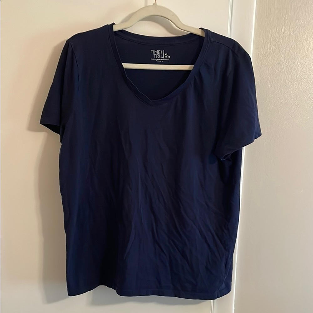 Time and Tru Deep Blue Cotton V-Neck Tee